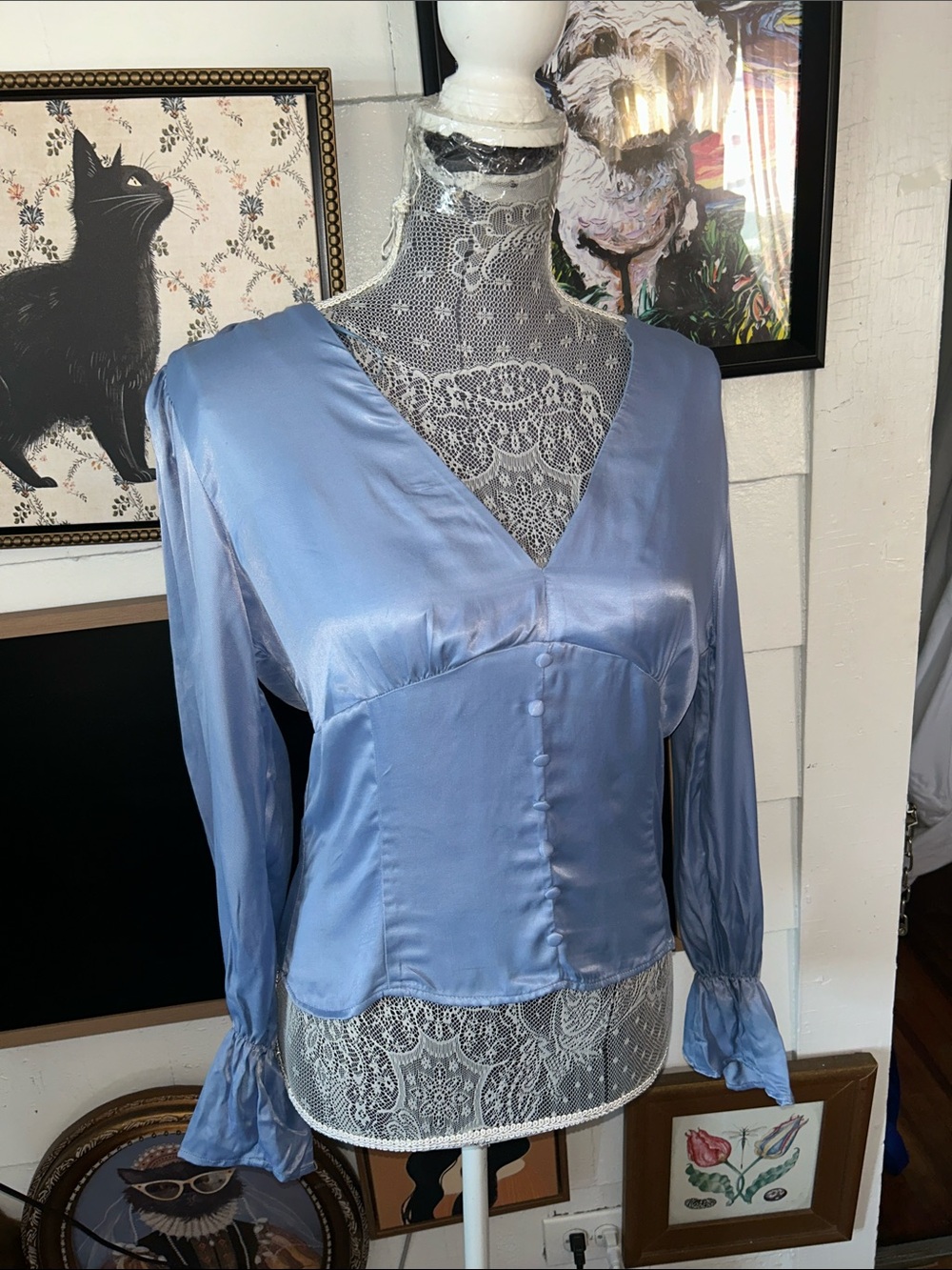 Zara Satin Light Blue V-Neck Long Sleeve Blouse